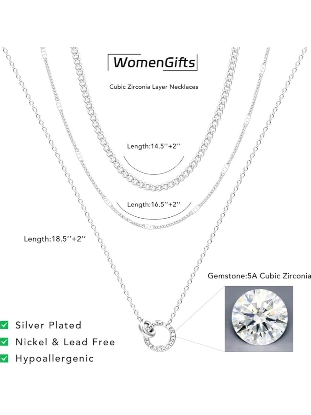 Silver Layered Necklace with Interlocking Circle Pendant - Silver - Picture 3 of 7